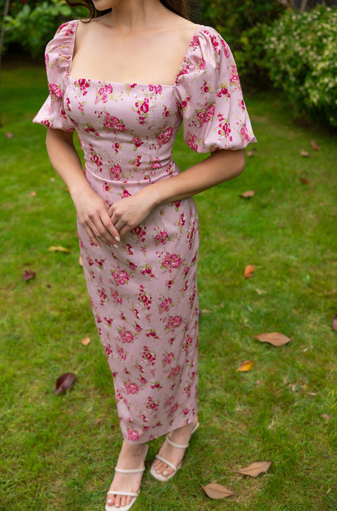 فستان زهري برقبة مربعة - وردي