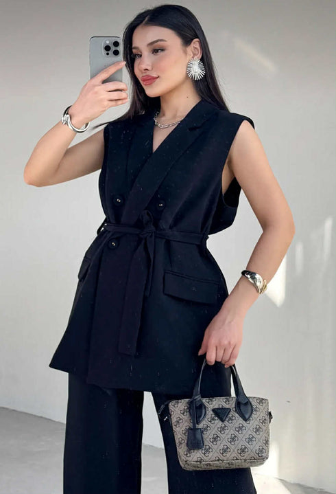 طقم ڤيست وبنطلون - أسود