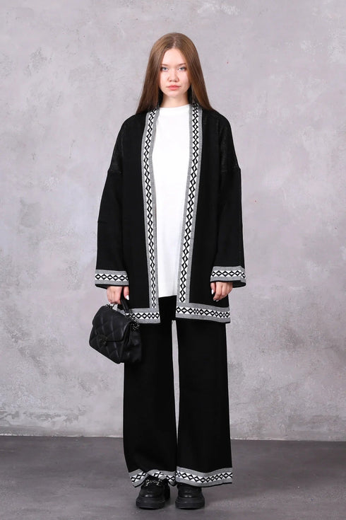 Black 3-Piece Patterned Knitwear Set