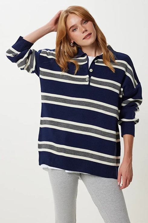 كنزة تريكو مخططة بولو باللون الكحلي