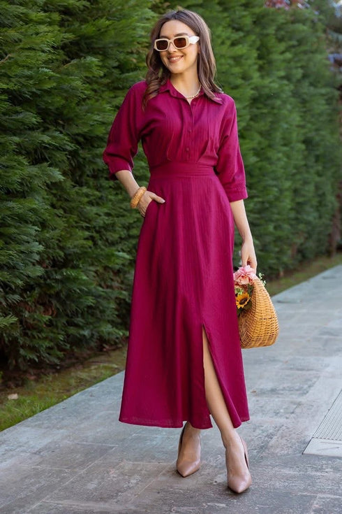 فستان طويل باللون البرغندي