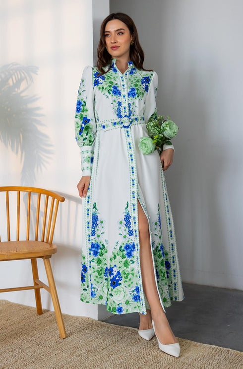 فستان طويل منقوش بالورد - أبيض