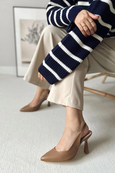 Cappuccino Brown Pointed Toe Open Back Stiletto Evening Dress