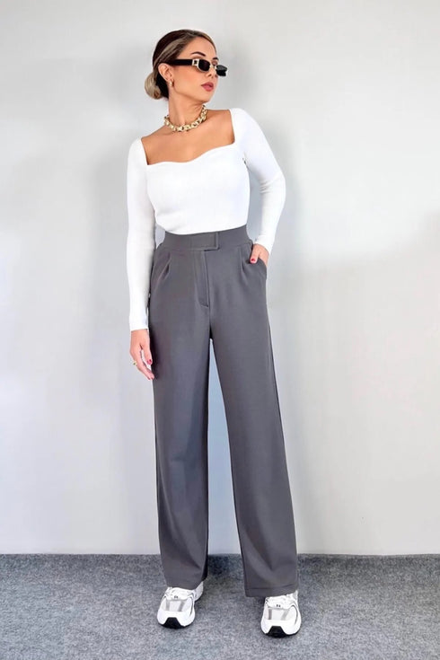 بنطلون نسائي خصر عالي - لون رمادي