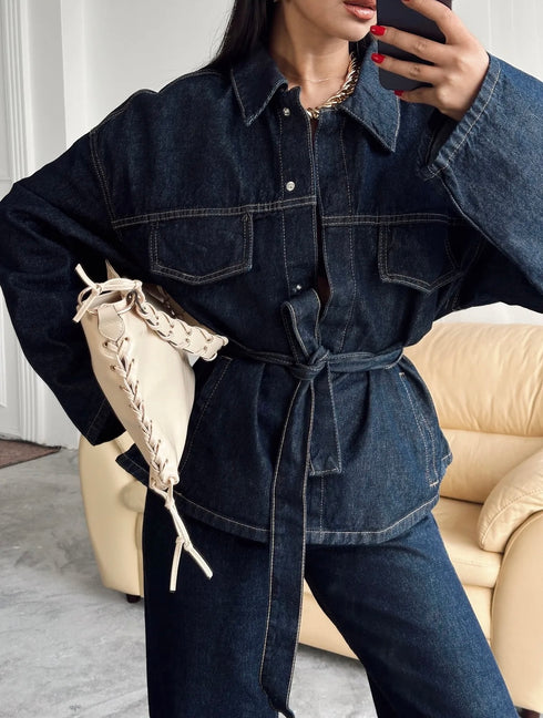 طقم جينز غامق جكيت وبنطلون