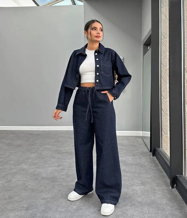 طقم جينز غامق جكيت وبنطلون