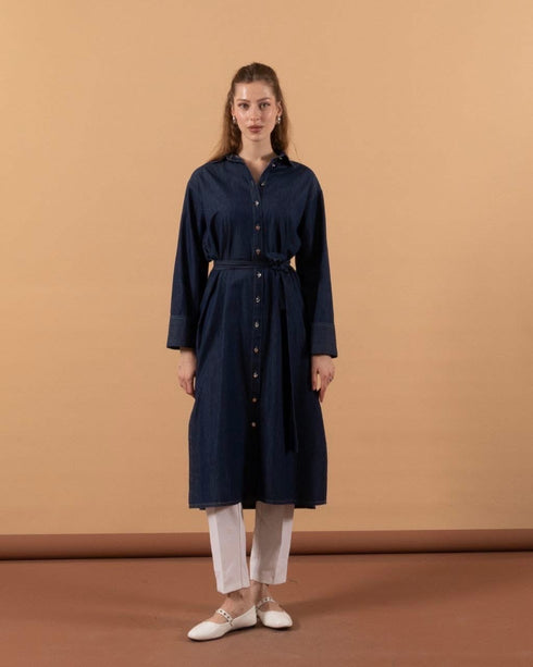 فستان جينز بأزرار -أزرق غامق