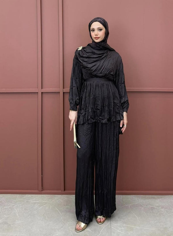 طقم ساتان بقبة شال - بني غامق