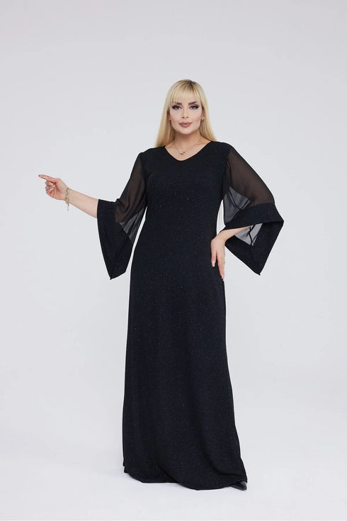 فستان سهرة نسائي أسود مقاس كبير بأكمام شيفون