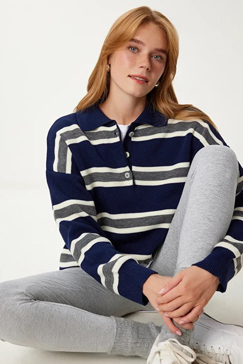 كنزة تريكو مخططة بولو باللون الكحلي