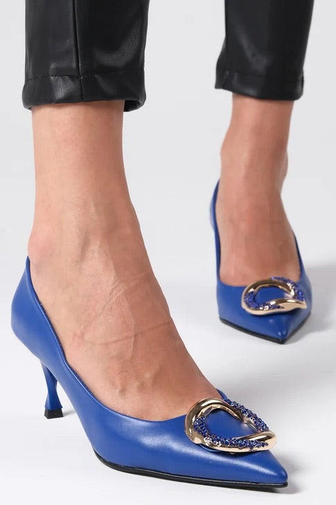 Saks Blue Color Buckle Stiletto