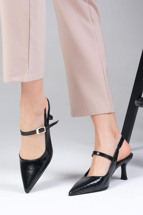 حذاء بكعب عالي بنقشة جلد الأفعى - أسود