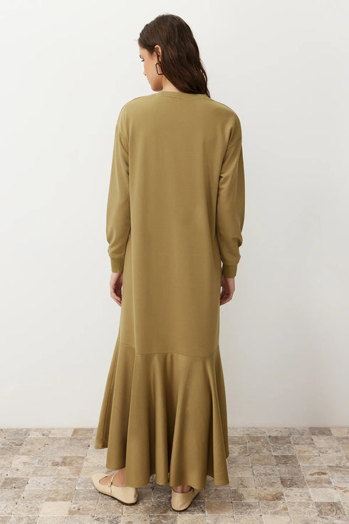 فستان نسائي طويل لون زيتي