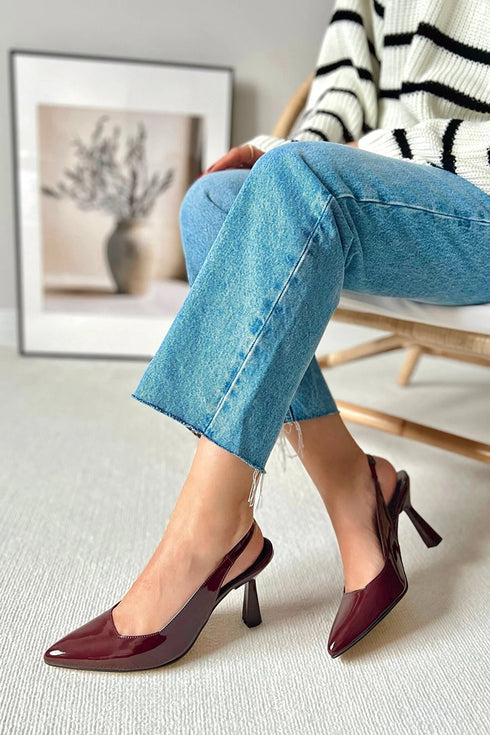 Burgundy Pointed Toe Open Back Stiletto Evening Dress