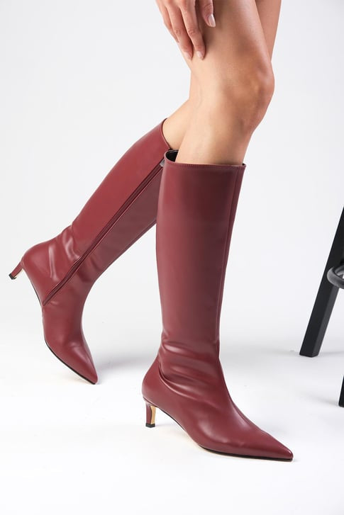 جزمة طويلة بكعب قصير - لون بوردو