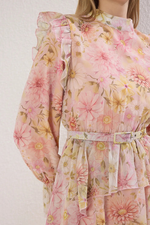 فستان مورد مبطن بالشيفون - وردي