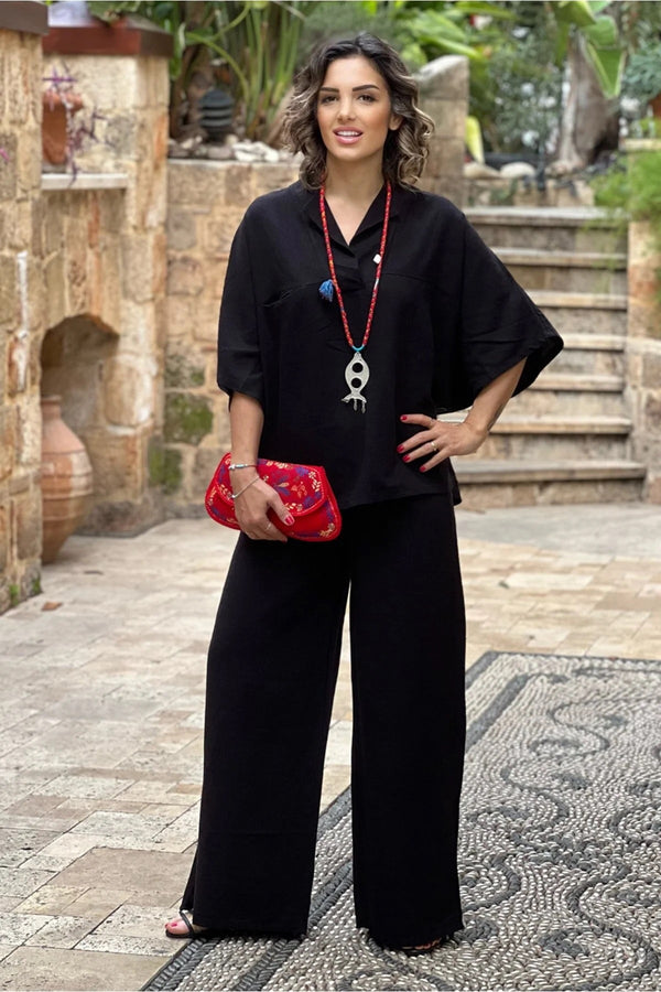 طقم اسود من القطن والكتان بنسبة 100%