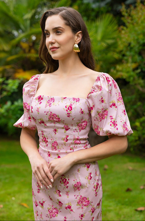 فستان زهري برقبة مربعة - وردي