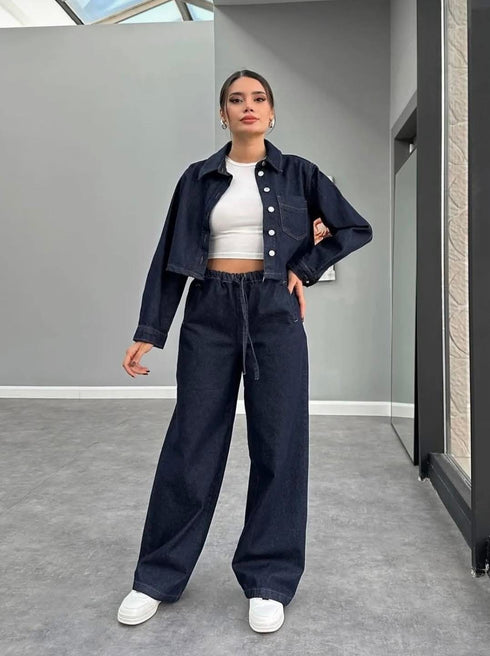 طقم جينز غامق جكيت وبنطلون