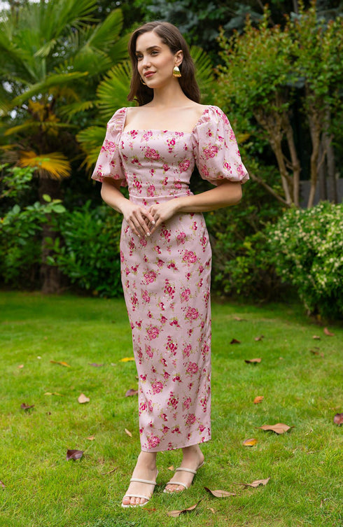 فستان زهري برقبة مربعة - وردي