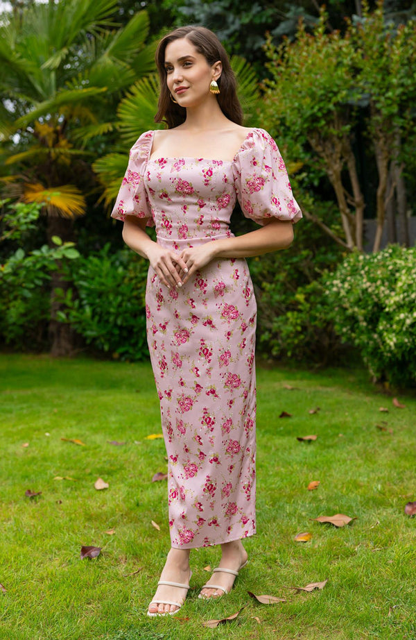 فستان زهري برقبة مربعة - وردي