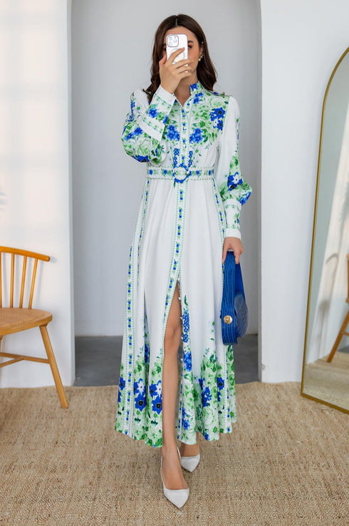 فستان طويل منقوش بالورد - أبيض