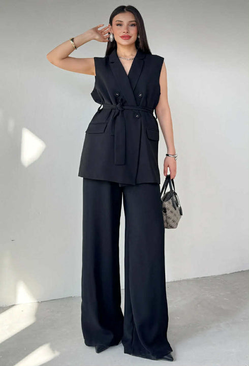 طقم ڤيست وبنطلون - أسود