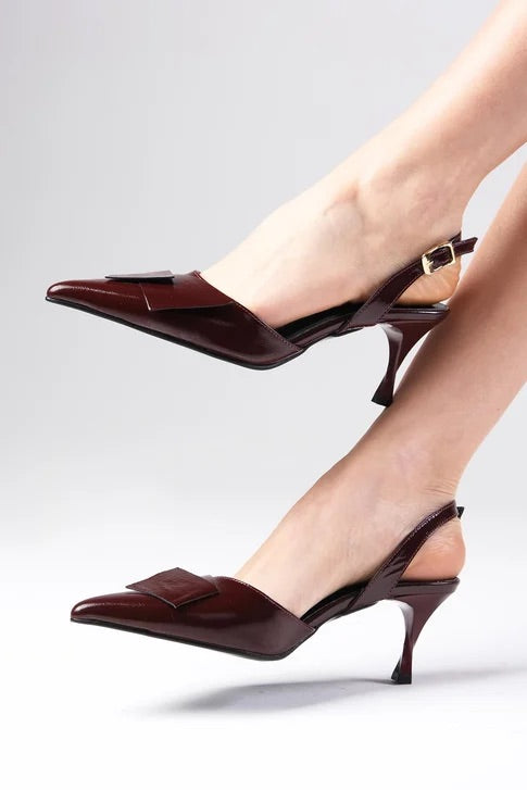 حذاء جلد حقيقي لامع بكعب - لون عنابي