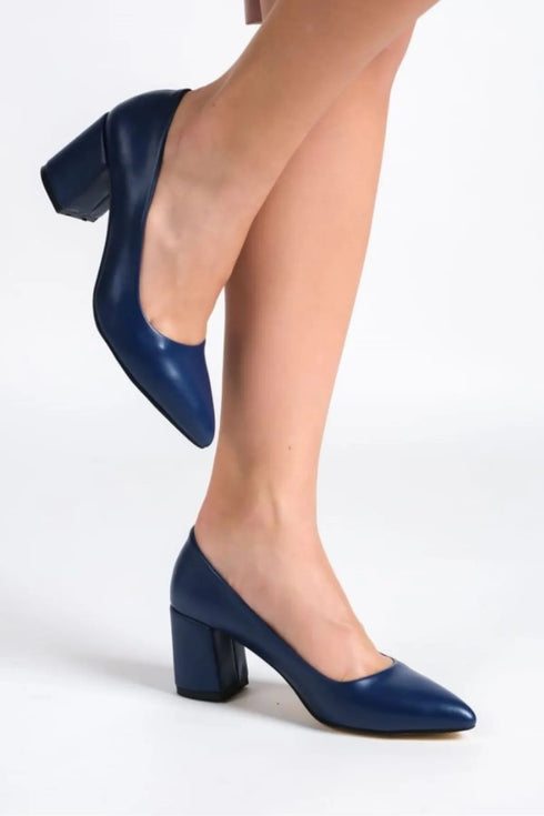 Navy Blue Leather Pointed Toe Low Heel