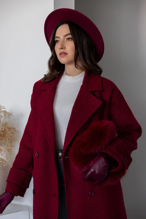 معطف جوخ طويل بأزرار - بوردو