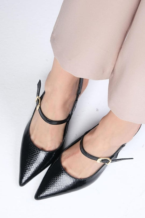 حذاء بكعب عالي بنقشة جلد الأفعى - أسود