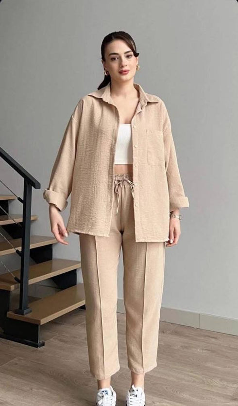 طقم كاجوال من قطعتين باللون البيج