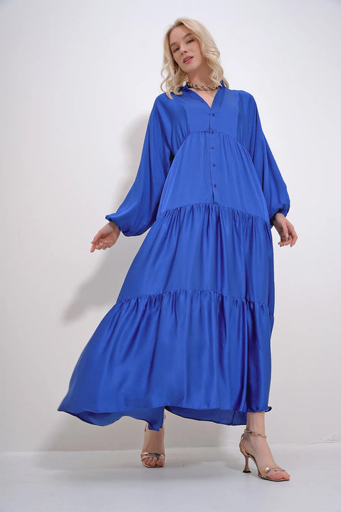 فستان نسائي برقبة دائرية وأزرار وكشكش من الفيسكوز