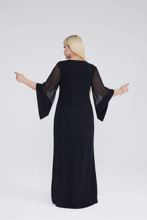 فستان سهرة نسائي أسود مقاس كبير بأكمام شيفون