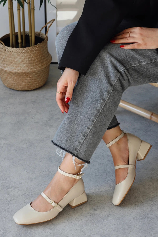 Beige Patent Leather Closed Back Short Heel