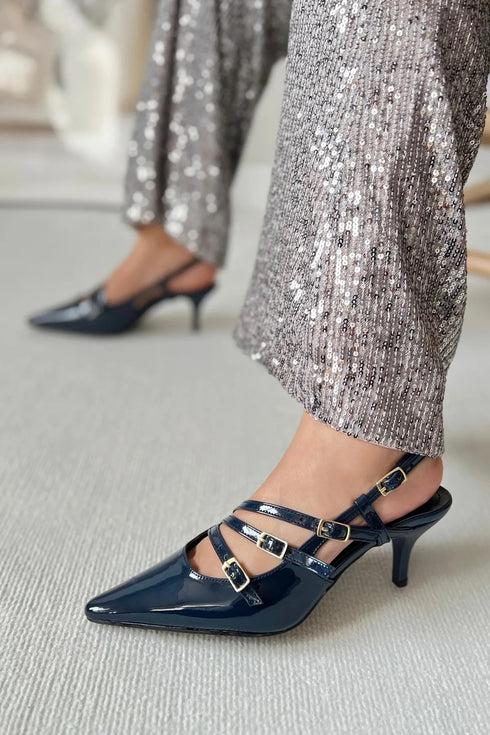Three-Striped Buckle Navy Blue Leather Heels