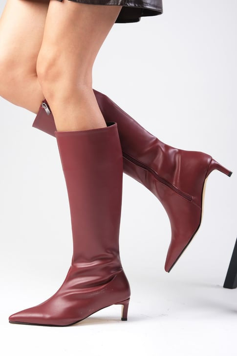 جزمة طويلة بكعب قصير - لون بوردو