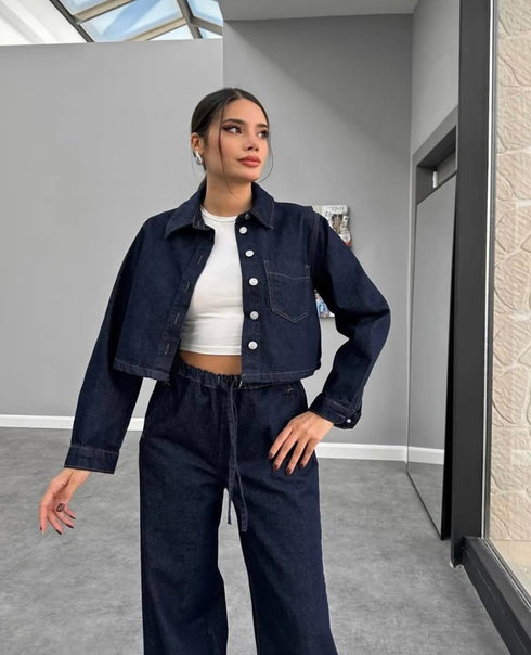 طقم جينز غامق جكيت وبنطلون