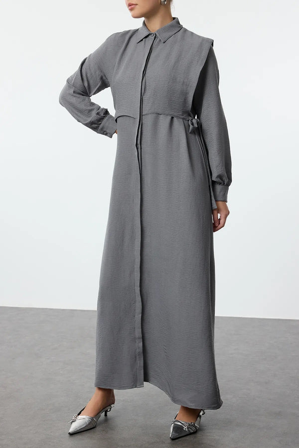 فستان طويل منسوج مع تفاصيل حزام - رمادي