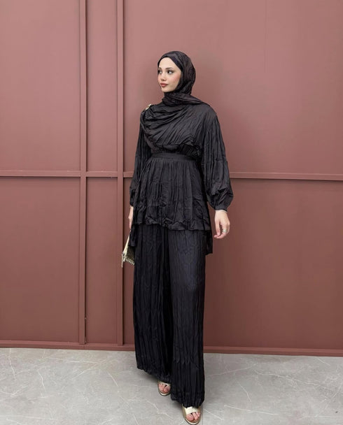 طقم ساتان بقبة شال - بني غامق