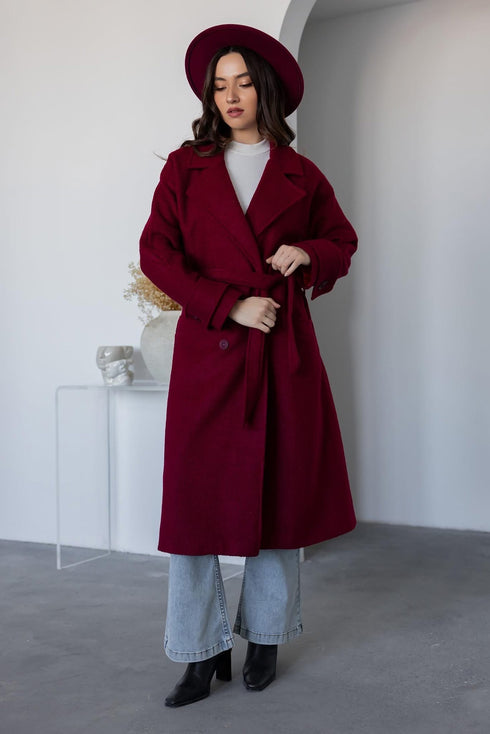 معطف جوخ طويل بأزرار - بوردو