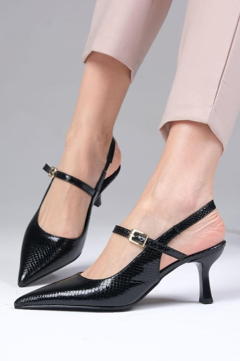 حذاء بكعب عالي بنقشة جلد الأفعى - أسود