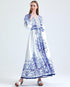 فستان أزرق منقوش بحزام طويل
