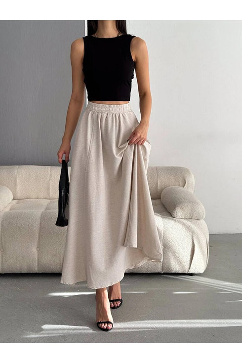 Women's Beige Linen Pocket Skirt