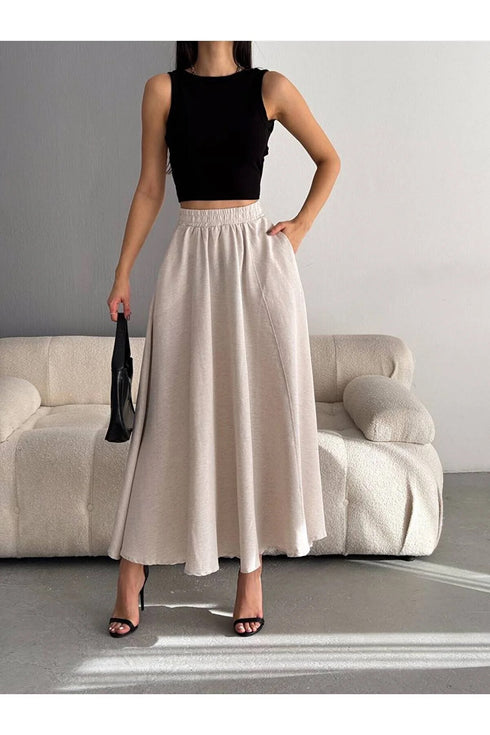 Women's Beige Linen Pocket Skirt