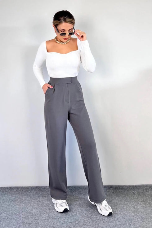 بنطلون نسائي خصر عالي - لون رمادي