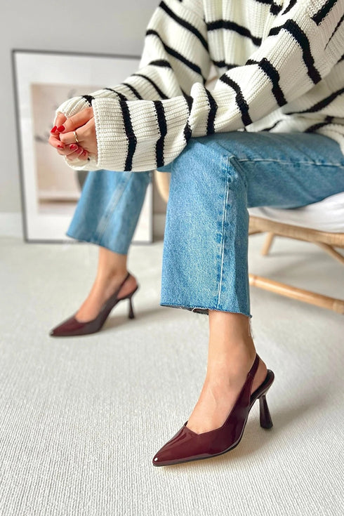 Burgundy Pointed Toe Open Back Stiletto Evening Dress