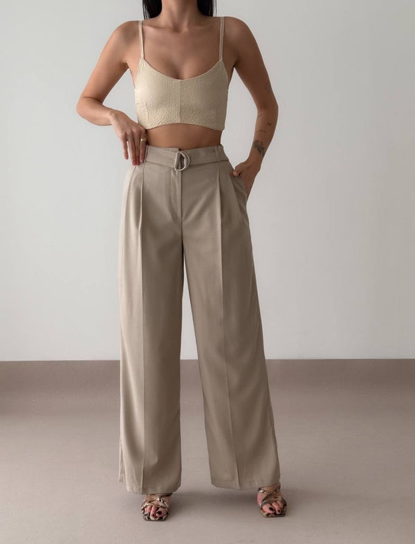 بنطلون نسائي خصر عالي - لون بيج