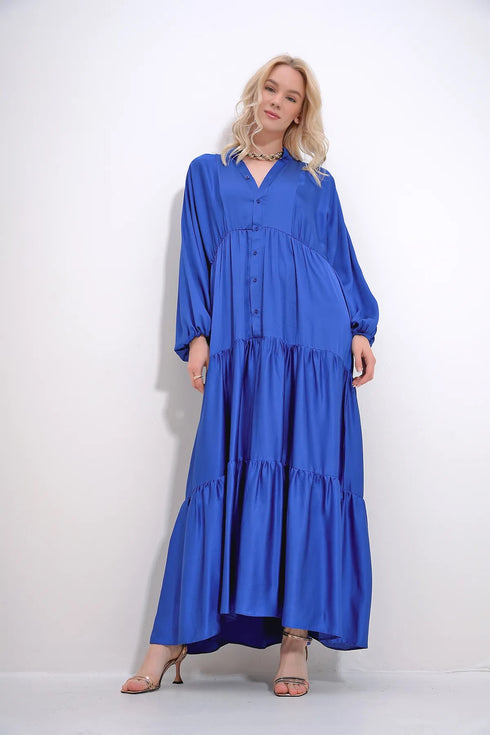 فستان نسائي برقبة دائرية وأزرار وكشكش من الفيسكوز