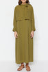 فستان نسائي بتفاصيل ربطة عنق - زيتي
